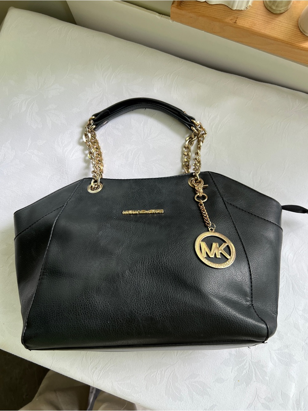 Michael Kors Black Leather Gold Chain Purse Shoulder Tote
